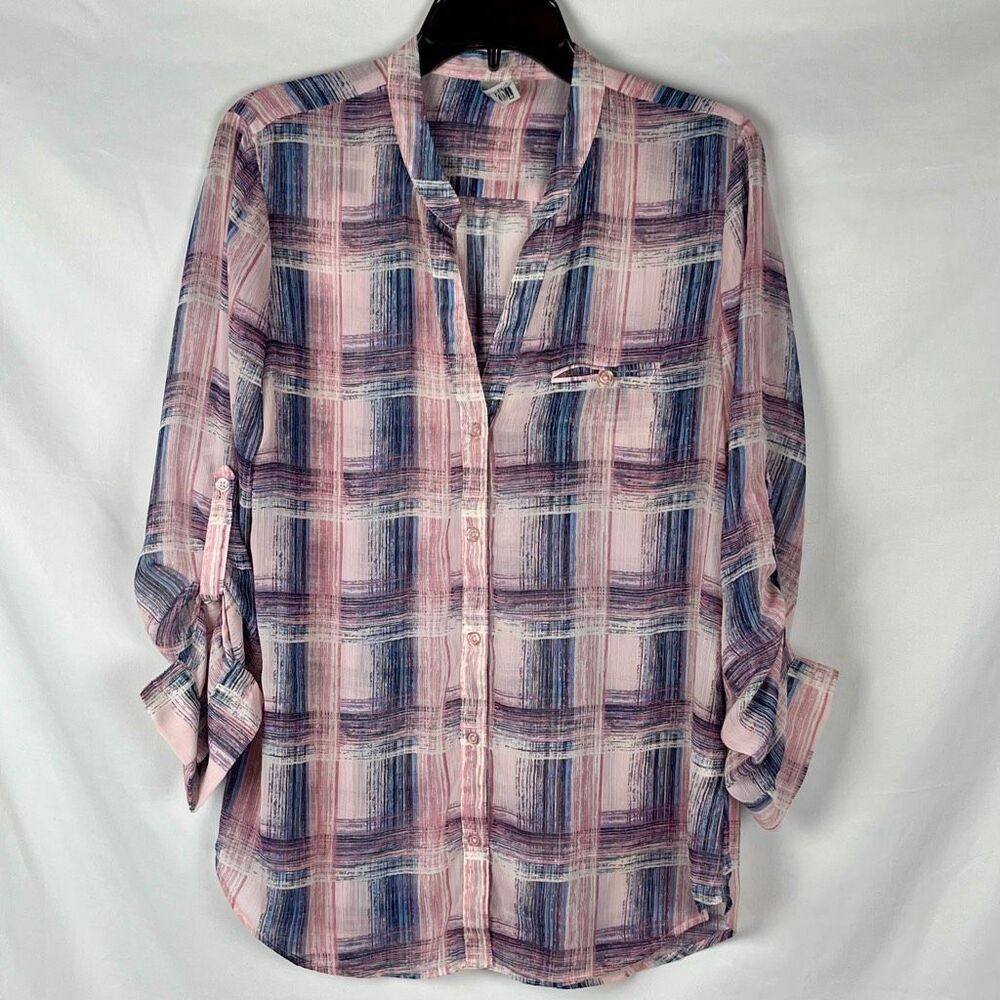 KUT from the Kloth Plaid Brushstroke Roll-Tab Blouse Pink Blue L
